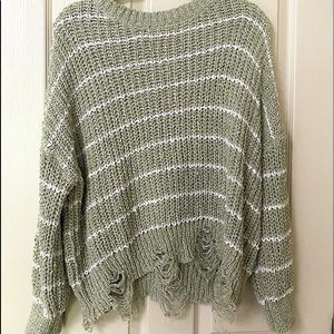 BKE - Sage green/White HIGHLY distressed striped knit sweater 💚